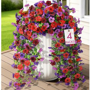 Alupssuc 4PCS Artificial Fake Hanging Flowers for Outdoor Spring Decoration, UV Resistant No Fade Faux Silk Daisy Floral Plastic Plants for Outside Indoor Yard Home Porch Realistic Decor, Mix 4 Colors