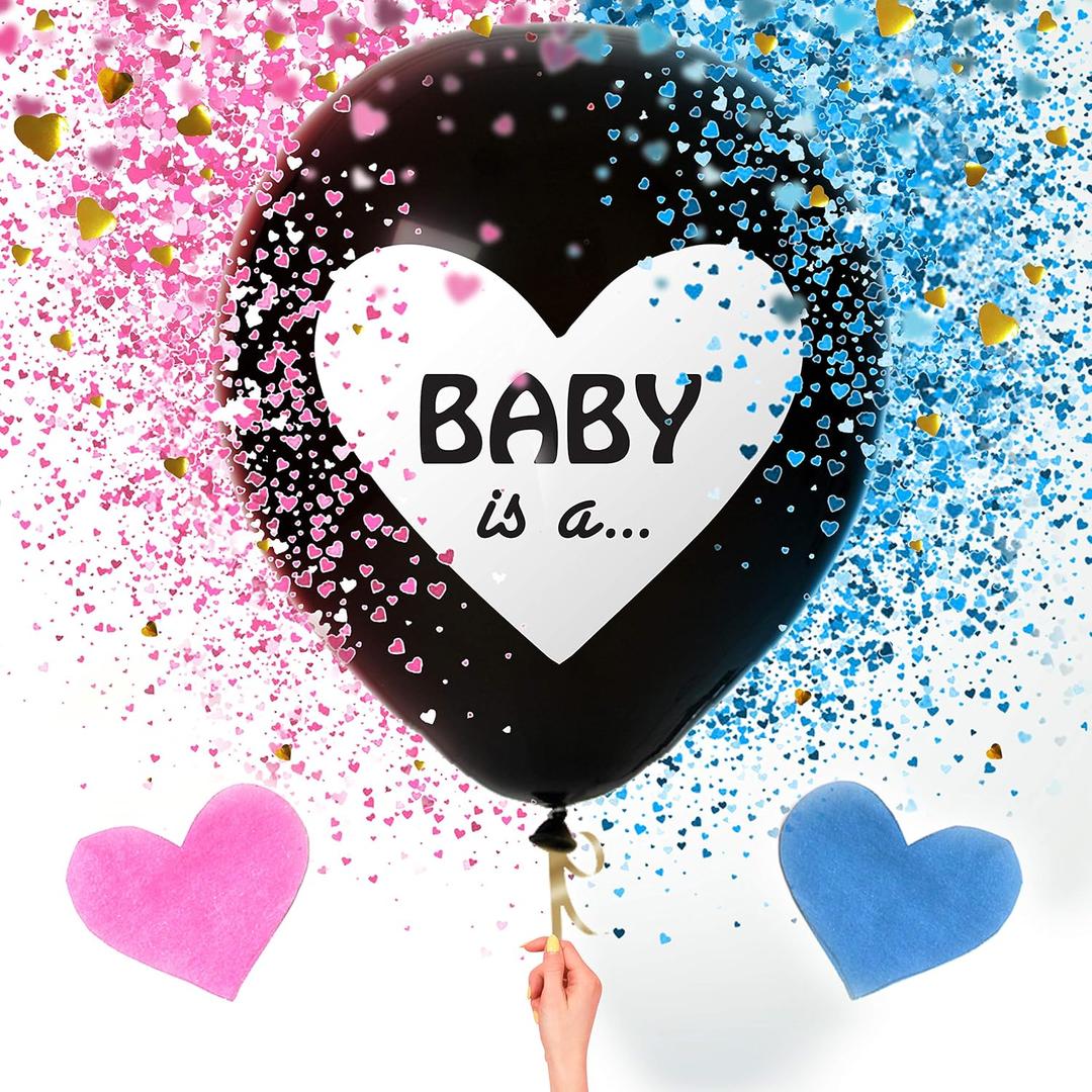 Sweet Baby Co. Jumbo 36 Inch Baby Gender Reveal Balloon | Big Black Balloons with Pink and Blue Heart Shape Confetti Packs for Boy or Girl | Baby Shower Gender Reveal Party Supplies Decoration Kit