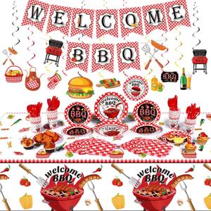 Capoda 139 Pcs Summer BBQ Party Supplies Picnic Barbecue Decorations BBQ Baby Shower Hanging Swirls Banner Tablecloths Plates Napkins Cups Forks Spoons Knife for Birthday Baby Shower Party
