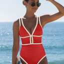 popvil Women One Piece Swimsuit 2026 Tummy Control Sexy Cutout Neon Color Block Bathing Suit Slimming Adjustable Swimwear (Red, XL)