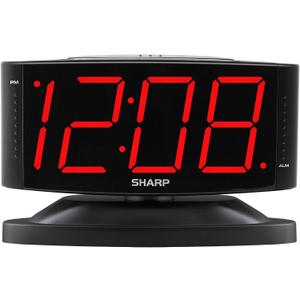 Sharp Home LED Digital Alarm Clock Swivel Base - Outlet Powered, Simple Operation, Alarm, Snooze, Brightness Dimmer, Big Green Digit Display, (Midnight Black - Red LED)