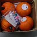 Lanpn 8 Inch Halloween Carvable Pumpkin 4 Pcs, Large Light up LED Artificial Foam Carved Pumpkins Jack O Lantern with Emoji Templates Paints for Fall Autumn Thanksgiving Harvest Indoor Decor