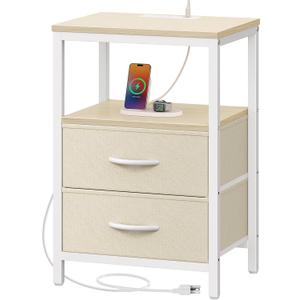 Huuger Nightstand with Charging Station, Side Table with Fabric Drawers, End Table with Open Shelf, Bedside Table with USB Ports and Outlets, Night Stand for Bedroom, White Marple (11.8"D x 15.7"W x 23.6"H (2 Drawers))