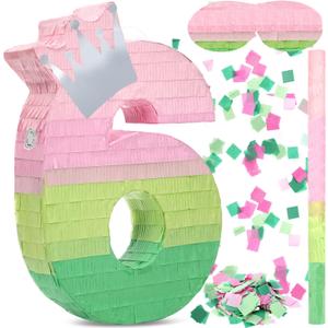 Arrowbash Number 6 Piñata Pink and Green Birthday Decorations Witch Themed Party Favor with Stick Blindfold and Confetti, Your Birth Day Gift for Kids Girls Boys, 15.9 x 11 x 2.7''