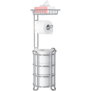 Toilet Paper Holder Stand with Shelf for Phone, Bathroom Free Standing Tissue Roll Storage Rack with Dispenser for 4 Mega Rolls, Chrome