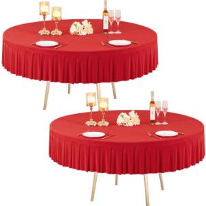 2 Pack Red Spandex Round Tablecloths for 60 inch Table, Stretchy Fitted 5FT Round Table Cloths Wrinkle Free Round Table Covers with Table Skirt for Valentine's Day Wedding Banquet Birthday Party