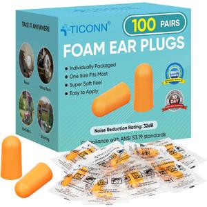 TICONN 100 Pairs Foam Ear Plugs, Individually Wrapped 32dB NRR Noise Reduction Earplugs for Sleeping Hearing Protection Travel Study Concentration Construction Site (100 Pairs)