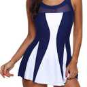 Zando Women's Tummy Control Swim Dress - Color Block & Mesh One Piece Swimsuit with Skirt for Women Over 50 L