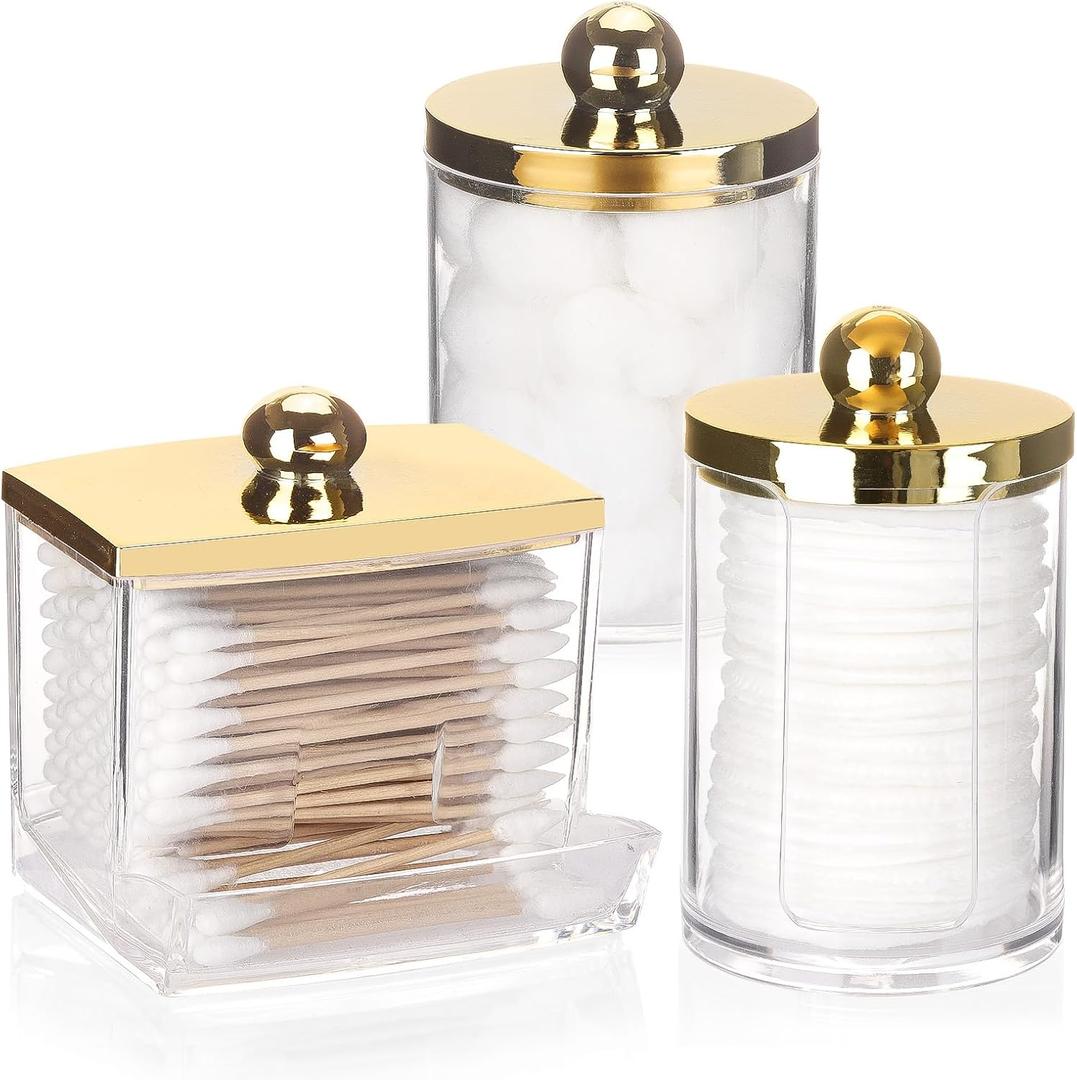 Tbestmax 3 Pack Qtips Dispenser - Bathroom Organizers and Storage Containers, Plastic Apothecary Jars with Gold Lids for Cotton Ball Swab Round Pads, Floss - Gold