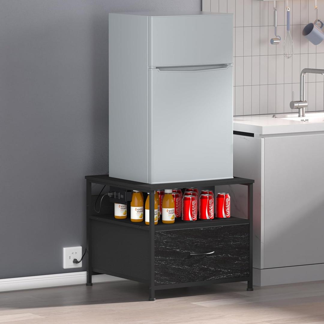 Unionly180 lb Mini Fridge Table with Drawer Fridge Shelf, Mini Fridge Cabinet with Storage,Heavy Duty Fridge Stand with Charging Station, 4 Adjustable Feet for Home Kitchen (Black)
