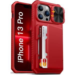 Vihibii for iPhone 13 Pro Case with Card Holder (4 Cards), [RFID Blocking] & Slide Camera Cover, Military Grade Drop Protection, Heavy Duty Shockproof Wallet Case for iPhone 13 Pro, 6.1" 2021, Red