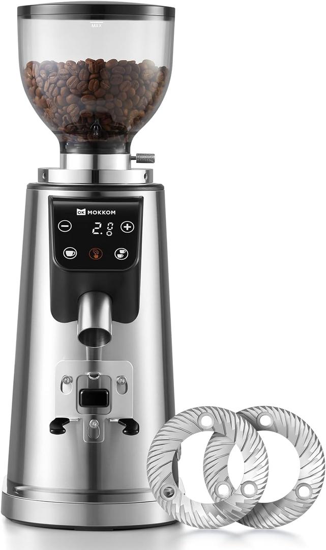 MOKKOM Professional 64mm Flat Burr Coffee Grinder with 100 Grind Settings, All-Metal Stainless Steel Body, Coffee Bean Grinder with Adjustable Electronic Timer, Anti-Static, LED Display