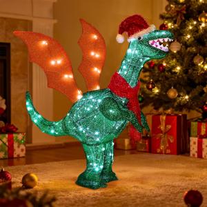 32 Inch Christmas Outdoor Decorations Lighted Dinosaur, Christmas Outdoor Decor with 150 LED, Plug in, Xmas Tyrannosaurus Decorations Lighted with Wing for Indoor Xmas Home Yard Lawn Decor
