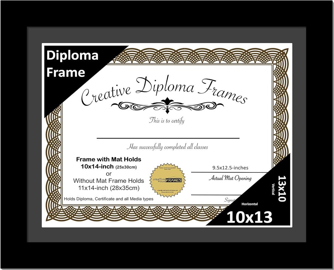 Creative Picture Frames 10x13 Modern Black Diploma Frame with Black Mat including Glass | Frame Holds 11x14 Media without Mat