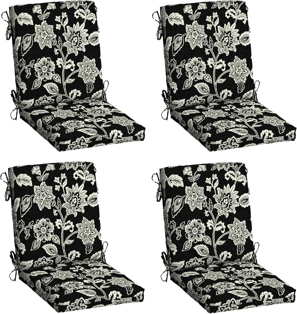 Arden 4-Pack Outdoor Patio Dining Chair Cushion, 20x44, Rain-Proof Seat Pad, Fade-Resistant Outdoor Cushion Ashland Black Jacobean