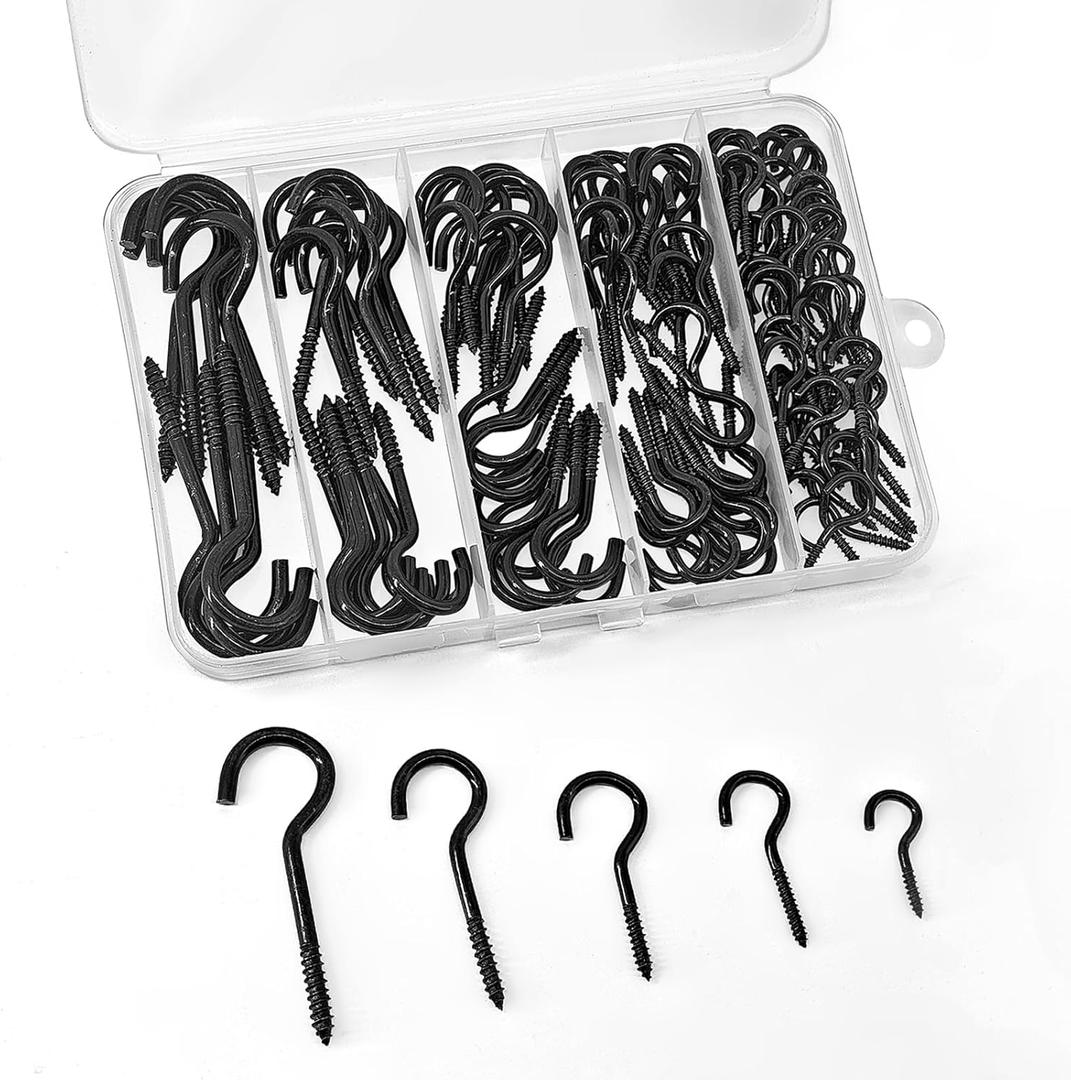 125 Pcs Screw Hooks in 5 Sizes  Cup Hooks for Hanging Plants, Mugs, Lights, and Ceiling Storage (Black)