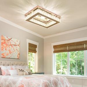 Dimmable Crystal LED Flush Mount Ceiling Light, 11.8"9.1" Rectangular Close to Ceiling Chandelier, K9 Crystal & Stainless Steel, Remote & App Control, 30006500K CCT for Bedroom Living Room