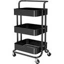 Pipishell 3 Tier Mesh Utility Cart, Rolling Metal Organization Cart with Handle and Lockable Wheels, Multifunctional Storage Shelves for Kitchen Living Room Office, Black