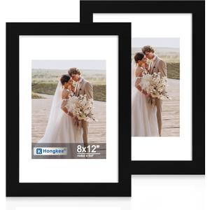 Hongkee 8x12 Picture Frame Set of 2, Made of Real Glass and Black Wooden Frame - Display Pictures 6x8 with Mat or 8x12 Without Mat, 8 by 12 Photo for Wall or Tabletop