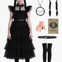 Girls Black Dress for Halloween Costume Kids Family Party with Wig Necklace Socks Accessories, Size 130