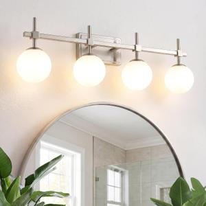 URSOLA 4 Lights 30" Bathroom Vanity Light Fixtures, Brushed Nickel Mid Century Modern Vanity Light with Opal Globe Glass Shades, G9 Socket, Bathroom Light Fixtures Over Mirror for Bathroom