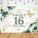 InMemory Sweet 16 Birthday Backdrop Floral Green Roses Glitter Gold Butterfly Princess Girls Sixteen 16th Birthday Theme Party Decoration Banner Bday Cake Table Background 8x6ft