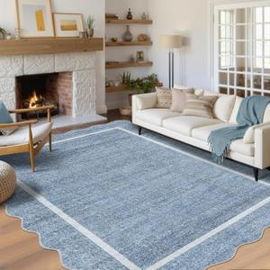 GarveeHome Scalloped Large Living Room Area Rug 8x10 - Machine Washable Modern Rugs Bordered Neutral Rug Non-Shedding Low Pile Farmhouse Carpet for Bedroom Nursery Classroom Dorm 8 ft x10 ft Blue