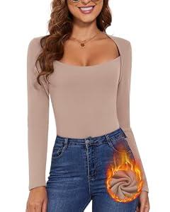 Women's Thermal Square Neck Long Sleeve Tops Basic Fitted Tops Square Neck Winter T Shirts Warm Base Layer Undershirts (2XL)