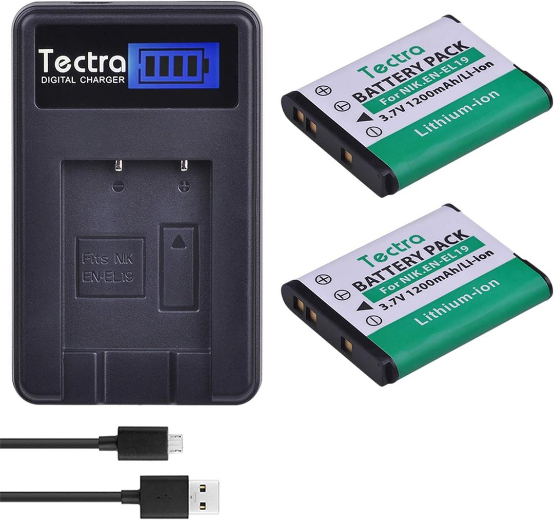 Tectra 2Pcs EN-EL19 NP-BJ1 Battery + LCD Charger for Nikon Coolpix A100 S32 S33 S100 S2500 S2750 S3100 S3200 S3300 S3400 S3500 S4100 Digital Cameras