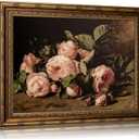 Vintage Gold Framed Canvas Wall Art Vintage Pink Flower Art Prints Rustic Cottagecor Pink Roses Painting Pictures Still Life Floral Poster Artwork for Bedroom Living Room Kitchen Farmhouse Wall Decor, 24"L x 16"W