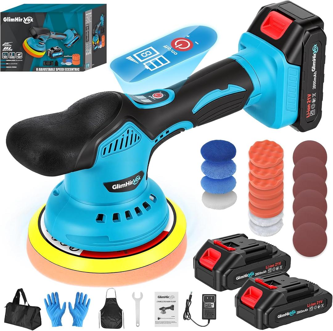 Cordless Car Buffer Polisher Kit, 6-Inch Ultimate Car Polishing Kit with 2x2.0Ah 21V Batteries & 28PCS Attachments, 8-Speed 6000RPM Cordless Buffer Polisher for Car Detailing, Waxer, Scratch Removal, Blue