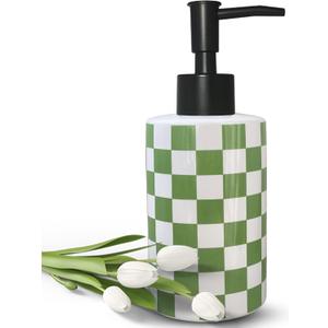 Bathroom Soap Dispenser with Matte Black Pump White Ceramic Soap Dispenser for Kitchen Checkerboard Empty Pump Bottle (Green)