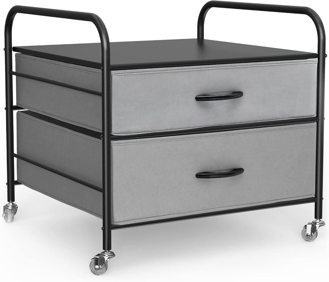 Mini Fridge Stand with Storage, WAYTRIM Kitchen Fridge Stand Mini Fridge Organizer Stand for Dorms Refrigerator Stand with Metal Frame Wooden Tabletop 4 Swivel Wheels for Mobility, 2 Drawer