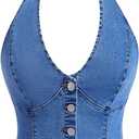 Milumia Women's Denim Halter Top Tie Backless Button Front Slim Fit Vests (Medium, Medium Blue)