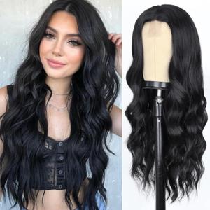 WERD Long Black Wavy Wigs for Women Black Curly Wig with Middle Part Synthetic 26 Inch Natural Looking Black Wig for Daily Party Use