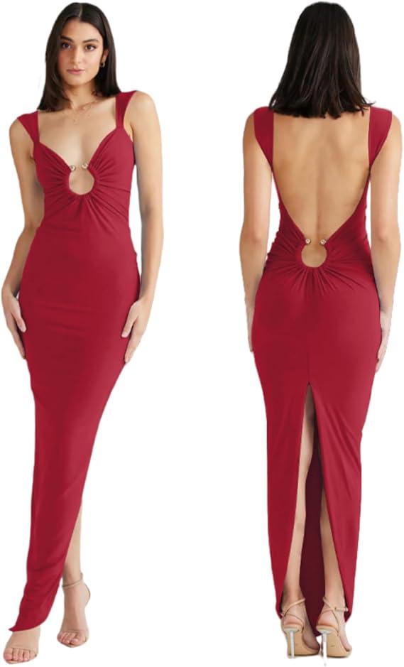 Women's Sexy Sleeveless Backless Maxi Dress Elegant Ruched O Ring Back Slit Bodycon Long Dress Beach Party Dress Red, Small 