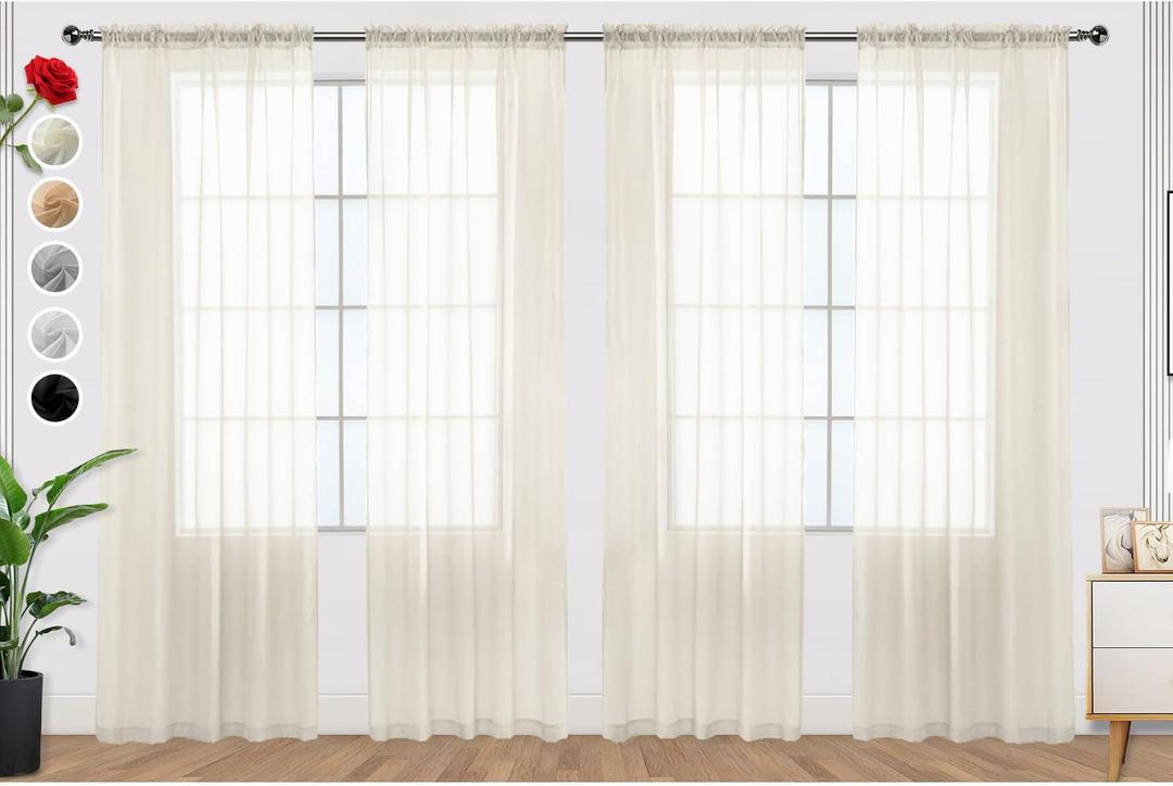 SpaceDresser Ivory Sheer Curtains 4 Panels Rod Pocket Semi-Sheer Curtain 90 Inches Long Light Filtering Voile Window Drapes for Bedroom Living Room Kitchen, Each 52W x 90L