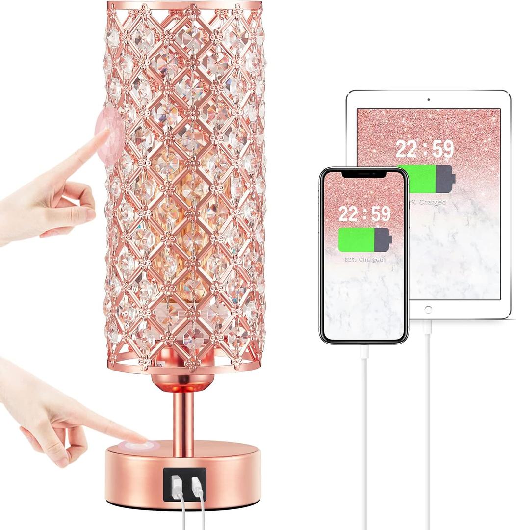 Hong-in Crystal Table Lamp - 3-Way Dimmable Touch Control, Rose Gold Bedside Lamp with USB C and A Ports, Nightstand Light for Living Room, Bedroom, Home Office (Bulb Included)