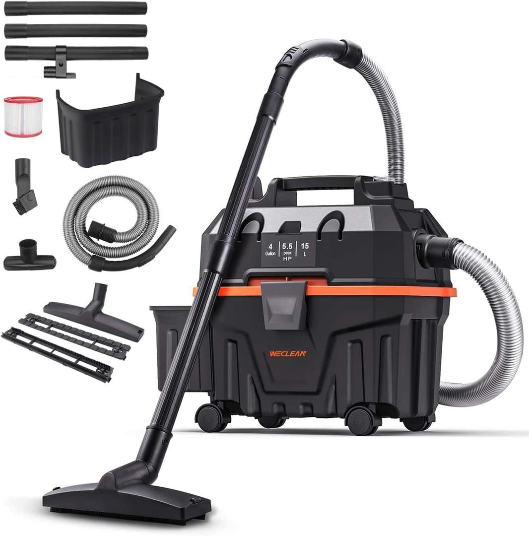 WECLEAN 4 Gallon 5.5 Peak HP Commercial Wet Dry Vacuum Cleaner Shop Vac for Outdoor Patio Wet & Dry Construction Shop Vac with Blower Gift for Father (Black)