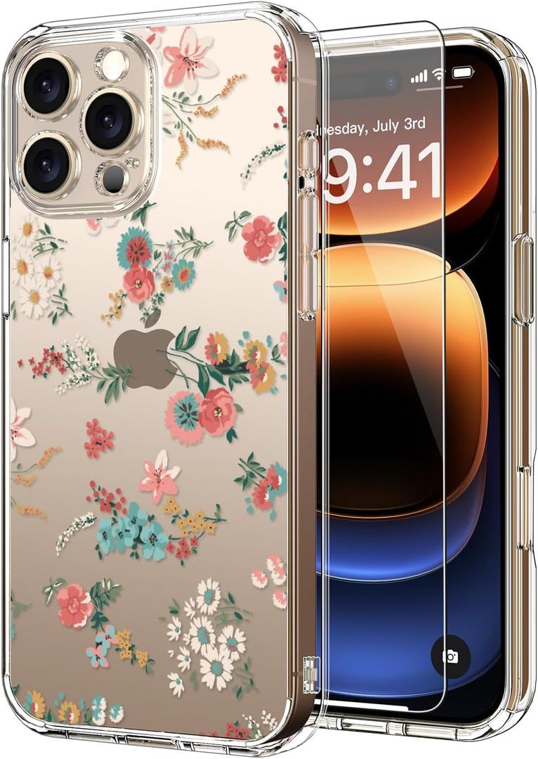 ICEDIO for iPhone 16 Pro Max Case with Screen Protector-Clear with Fashionable Trendy Patterns-Designed for Girls and Women-Slim Fit Cover-Protective Phone Case 6.9" Small Pink Flowers