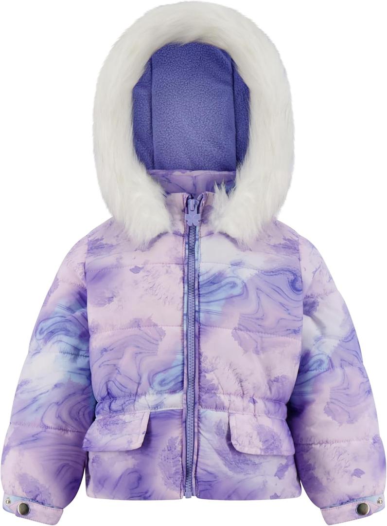 LONDON FOG Girls' Heavyweight Puffer Jacket with Faux Fur Hood and Fleece Lining (14-16, Pastel Blue Pink)
