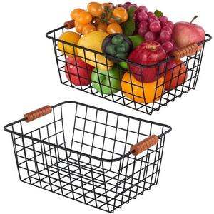 Wire Kitchen Storage Basket 1 Packs,Perfect Pantry Organization Accessories Baskets,Laundry Basket,With a Wooden handle,Suitable for Kitchen,Bathroom,Bedroom,Tabletop,Stackable,Black