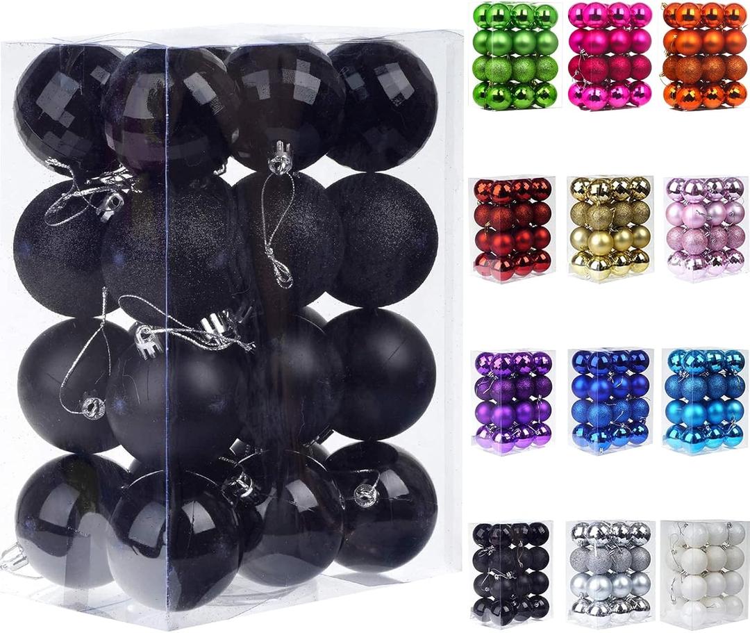 2 x Emopeak 24Pcs Christmas Balls Ornaments for Xmas Christmas Tree - 4 Style Shatterproof Christmas Tree Decorations Hanging Ball for Holiday Wedding Party Decoration (Black, 1.6"/4.2CM)