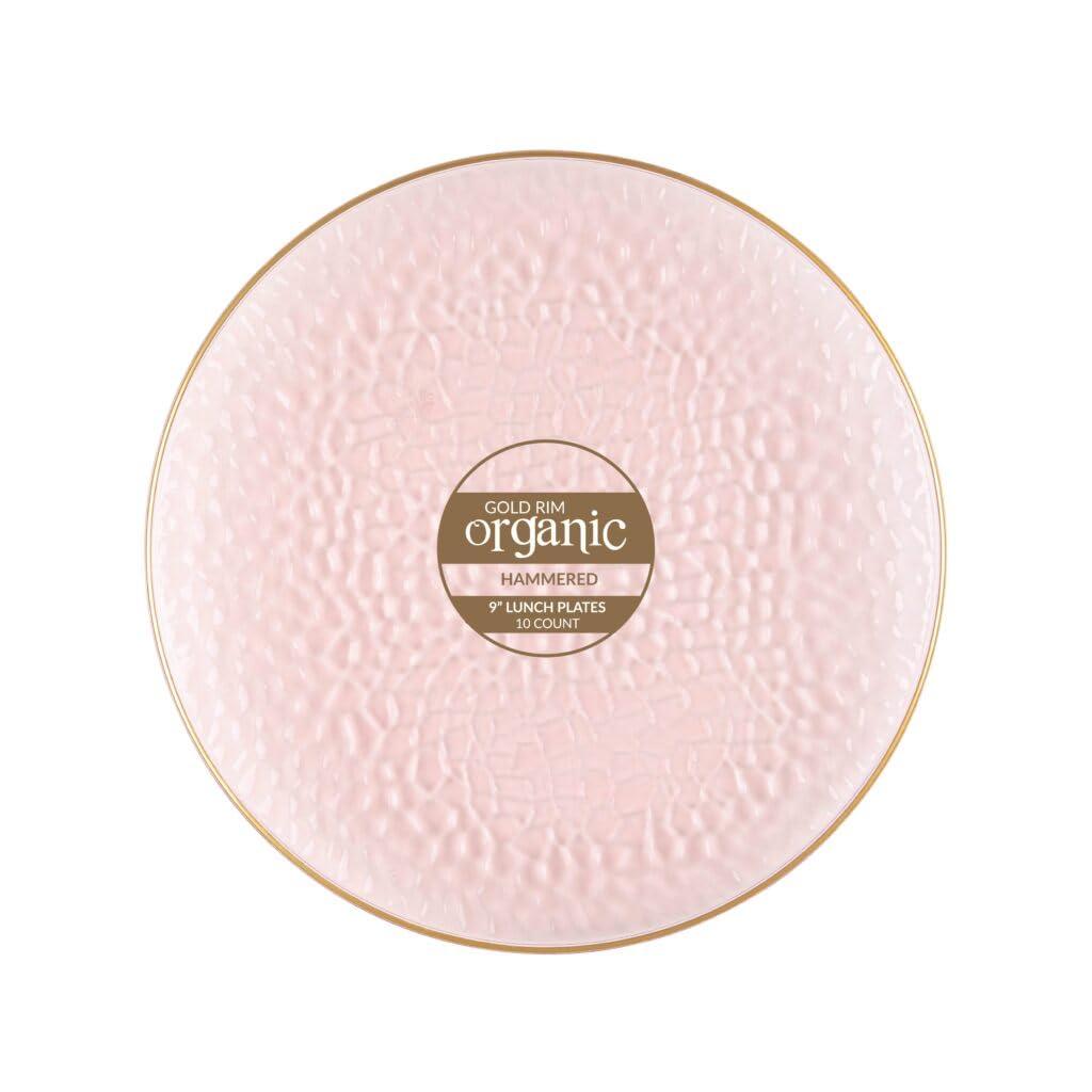 Organic Gold Rim Pink Hammered Plates, Lunch Plates (9"), 12/10 Count