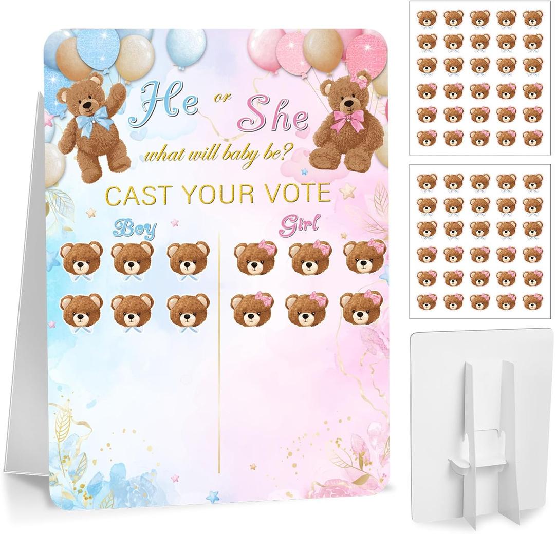 Poen Bear Gender Reveal Game Board with Stand, 60 He or She Bear Stickers, Cast Your Vote Baby Shower Party Supplies, Boy or Girl Guessing Game Decorations for Gender Reveal Party Baby Shower Decor