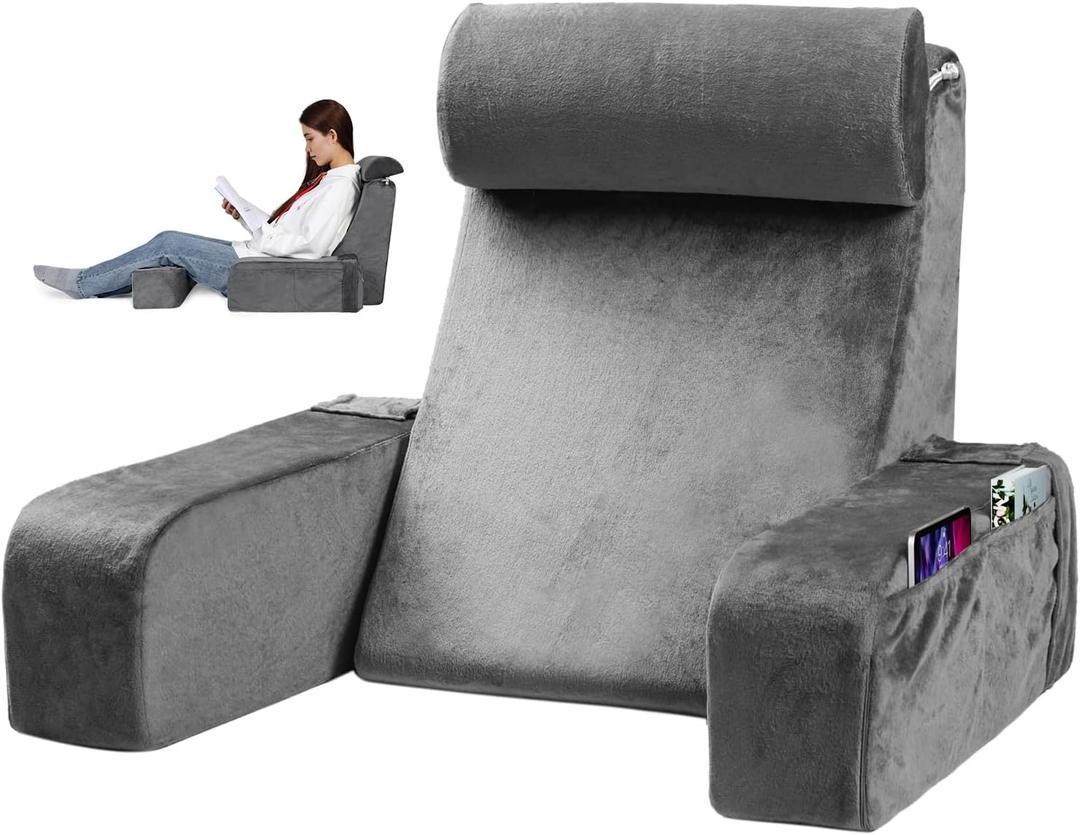 PHYSEN Reading Pillow for Sitting in Bed Adult - Back Pillow for Bed Sitting Up - Back Support Pillow with Detachable Neck Roll & Arms - Reading & Bed Rest Pillows for Watching TV/Reading/Gaming