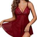 Avidlove Sexy Lingerie for Women Lace Babydoll Chemise V Neck Mesh Nightwear Boudoir Outfits (2XL, Red)