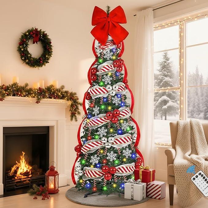Uspring 6 FT Pop Up Christmas Tree with Lights, Artificial Collapsible Christmas Tree with Remote Control & 200 Colorful LED Lights, Pre Decorated Surround Ribbon, Ball Ornaments, Holiday Party Decor