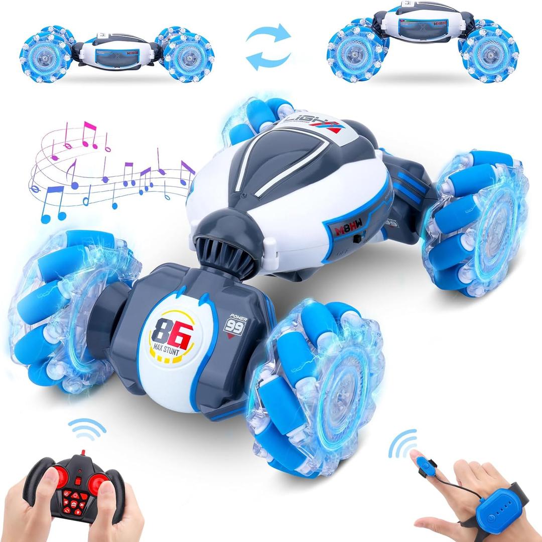 Gesture Sensing RC Stunt Car - Boys Toys Age 6-12, 360 Rotating 4WD Hand Controlled Remote Control Twist Car with Light & Music, Cool Birthday Presents and Ideas Gifts for Kids Age 7 9 10 11 12 yr (Blue)