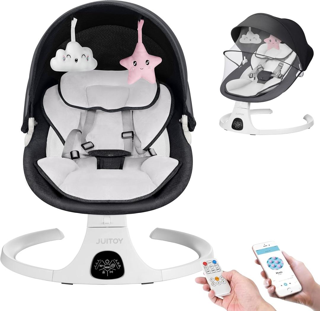 Electric Baby Swings for Infants to Toddler Baby Swing with 5-Speed 3-Seat Positions 5-Point Carabiner,with Bluetooth Music 10-Preset Melodies (Black White)